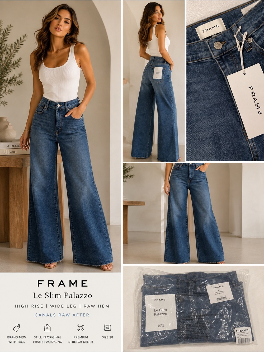 NWT FRAME Le Slim Palazzo High Rise Wide Leg Jeans Canals Raw After 28 Sealed - Picture 1 of 11